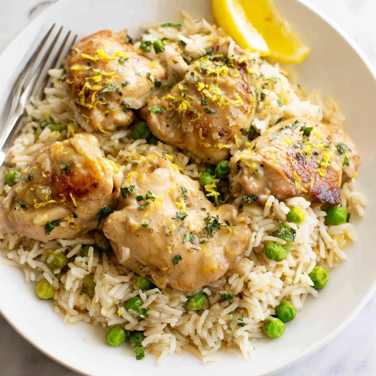 One-Pot Creamy Lemon Chicken and Rice served hot with golden chicken atop zesty, creamy rice.