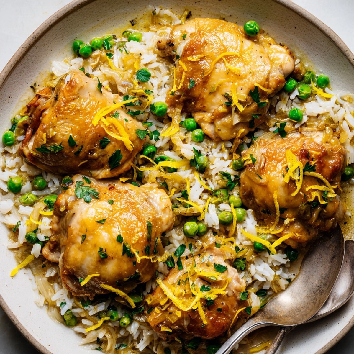 Close-up of One-Pot Creamy Lemon Chicken and Rice, garnished with fresh parsley for a vibrant touch.