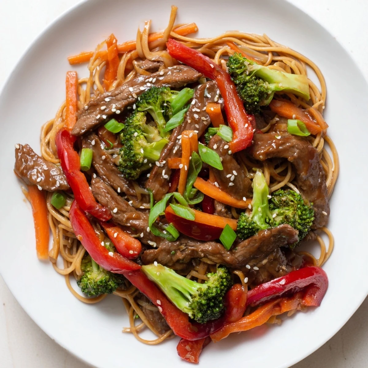 Steaming bowl of delicious Easy Beef Stir-Fry with Lo Mein Noodles, ready to be enjoyed with family.