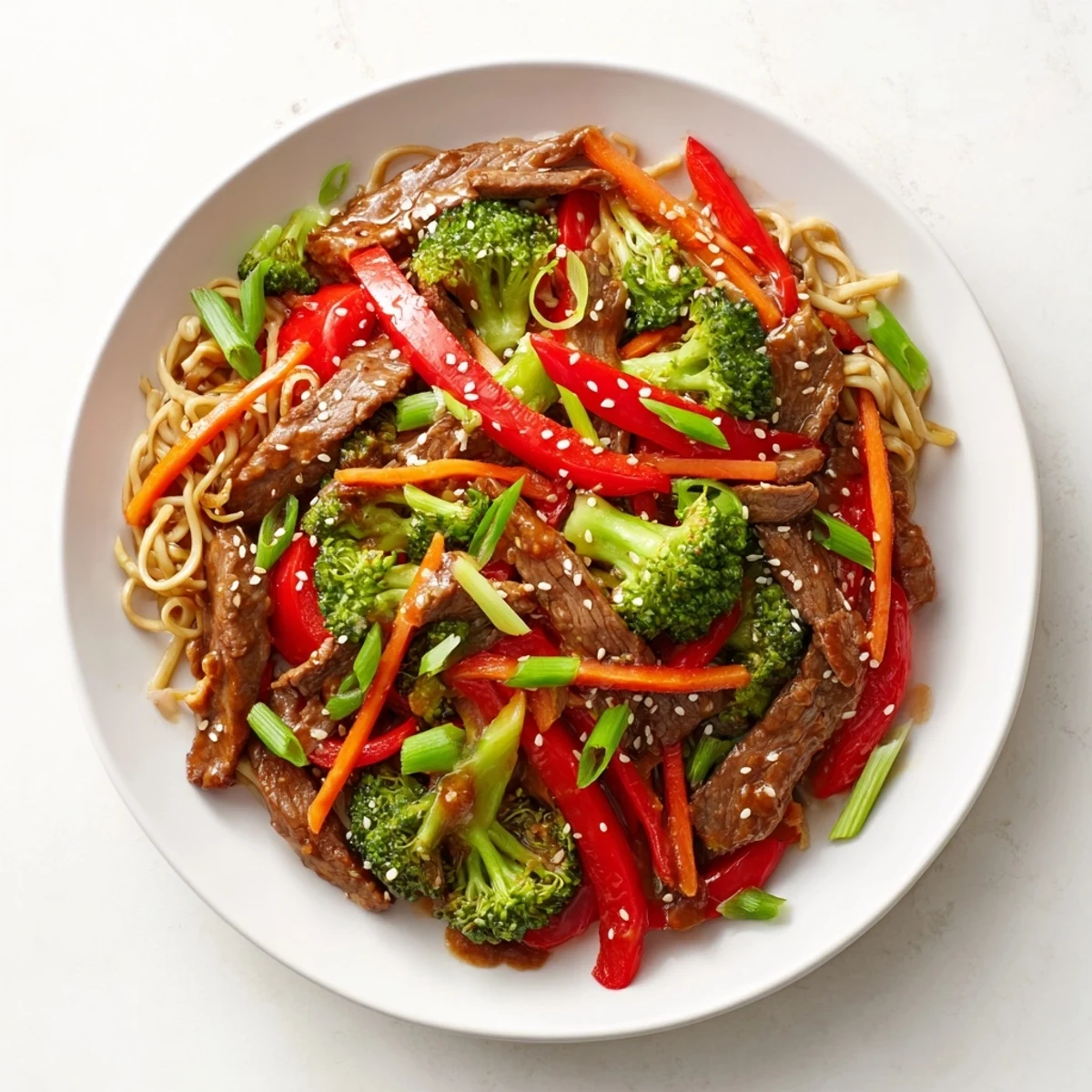 This Easy Beef Stir-Fry with Lo Mein Noodles features a rich, dark sauce coating the perfectly cooked noodles.