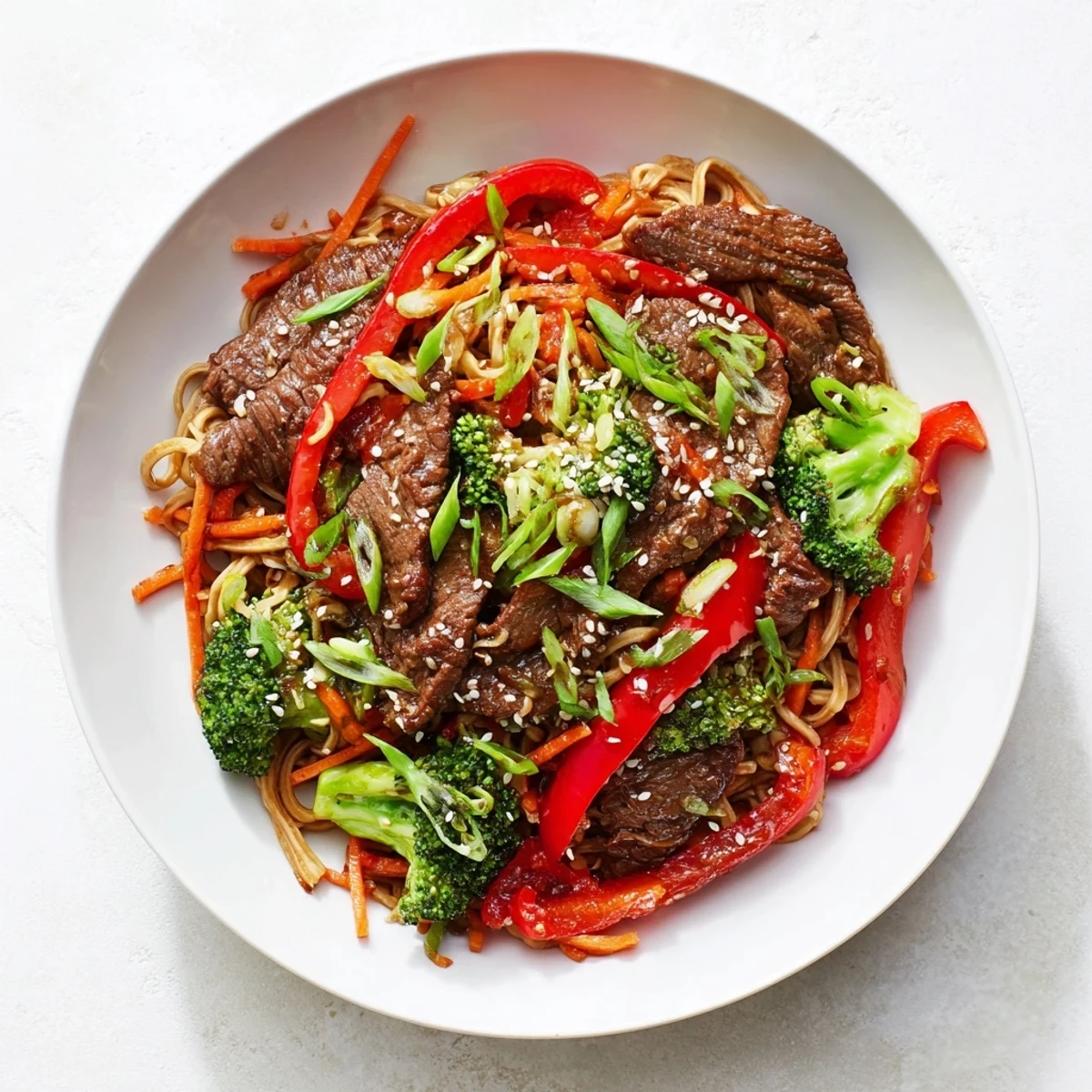 Vibrant photo of savory Easy Beef Stir-Fry with Lo Mein Noodles, showcasing tender beef and fresh vegetables.