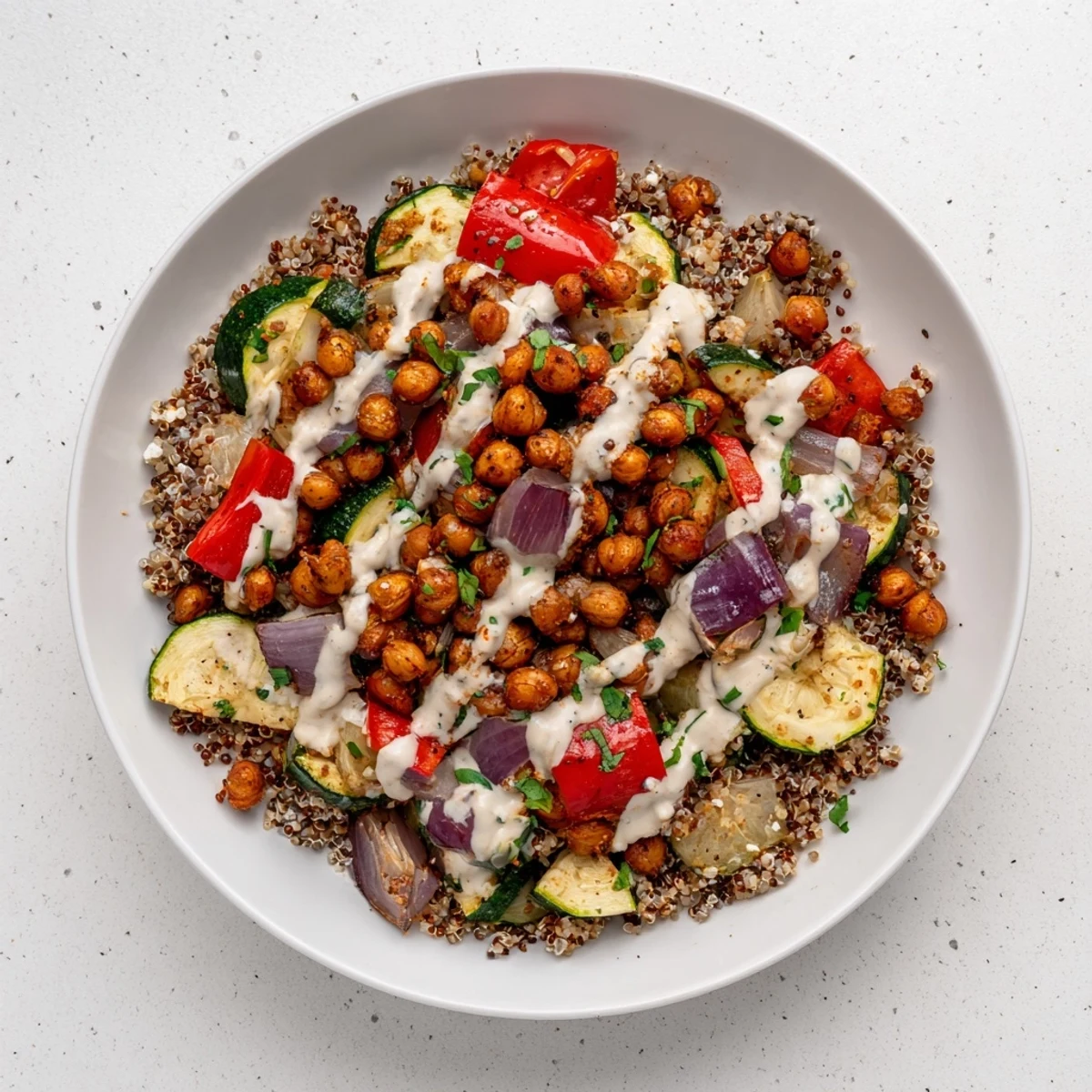 Mediterranean Chickpea and Veggie Grain Bowl served in a bowl, showing colorful roasted vegetables with creamy dressing.