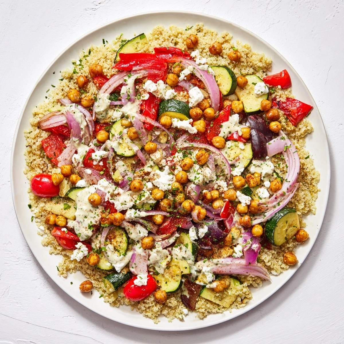 Bright and flavorful Mediterranean Chickpea and Veggie Grain Bowl with a drizzle of tangy lemon-tahini, perfect for lunch.