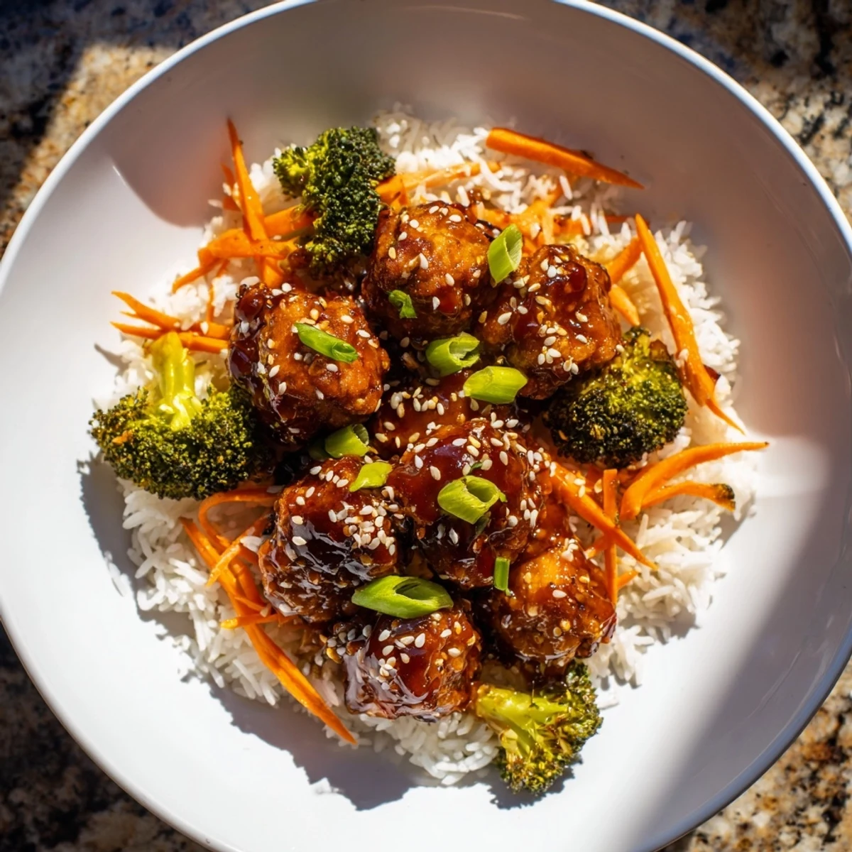 A delicious close-up of sesame seeds sprinkled atop the savory 20-minute chicken teriyaki bowls.