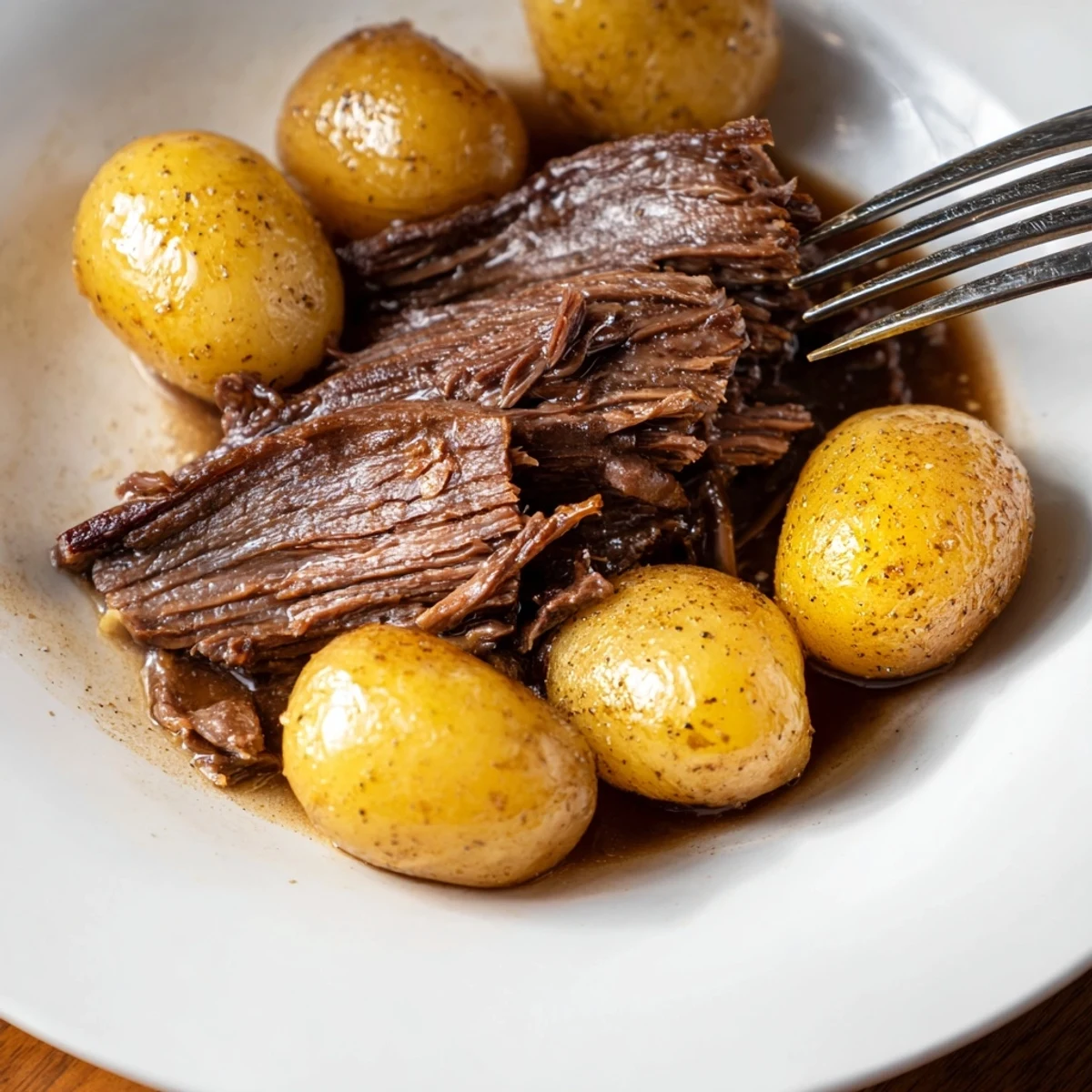 Fork-tender 4-Ingredient slow cooker pot roast, served with savory potatoes and the flavorful juices.