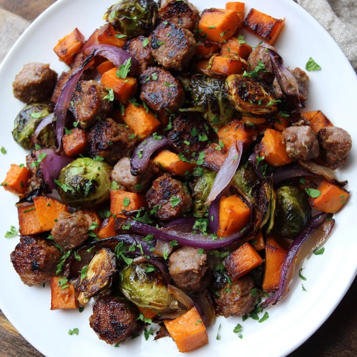 Sheet pan sausage, sweet potato, and Brussels sprouts, beautifully roasted with crispy edges and savory sausage.