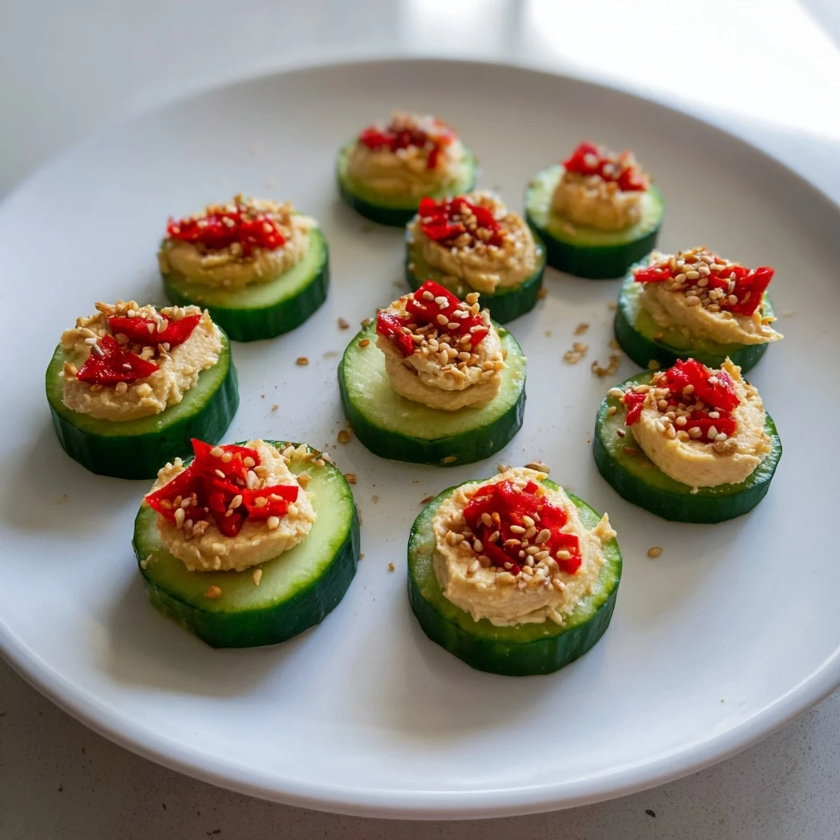 Fresh Quick Hummus and Cucumber Bites recipe: colorful appetizer with olives, red pepper, and parsley.