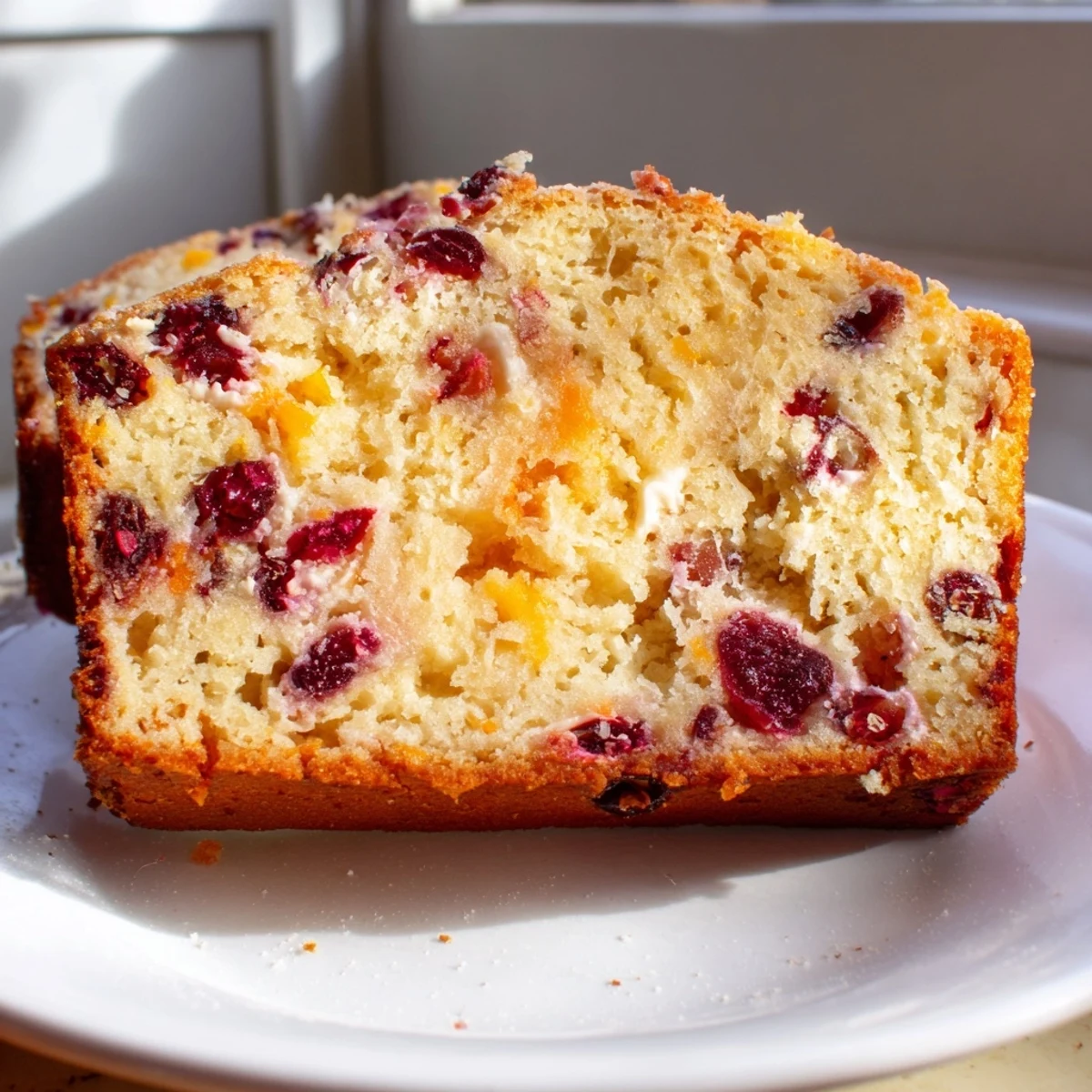 Warm, golden slice of seasonal cranberry and orange bread, ready for breakfast, with fresh cranberries.