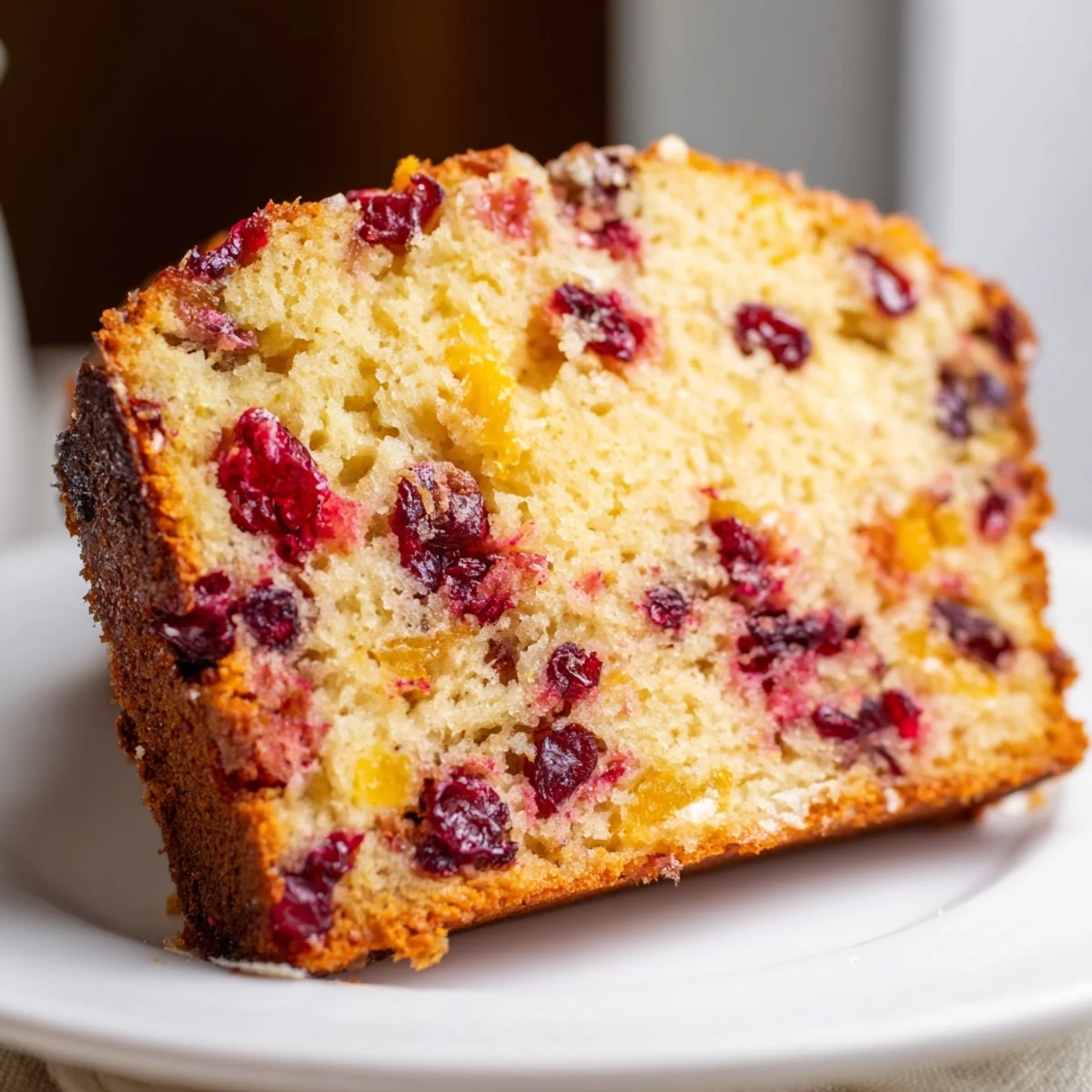Fluffy, homemade seasonal cranberry and orange bread with glistening crust and scattered cranberries, perfect for fall.