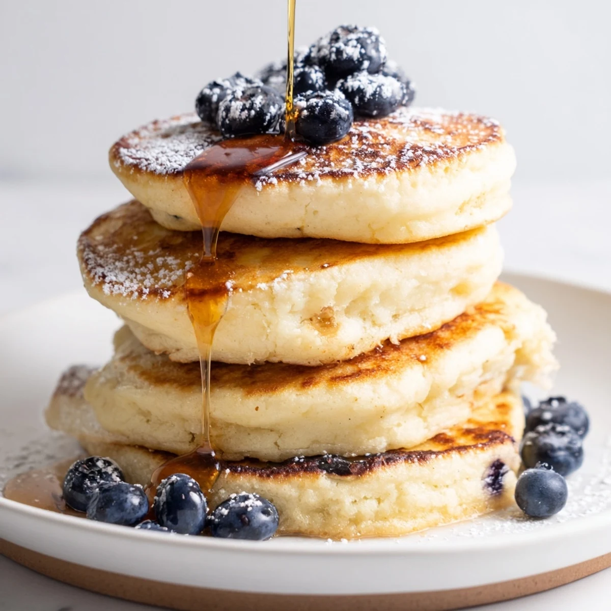 Fluffy ricotta pancakes, cooked to perfection, shown with a dusting of powdered sugar and a warm serving.