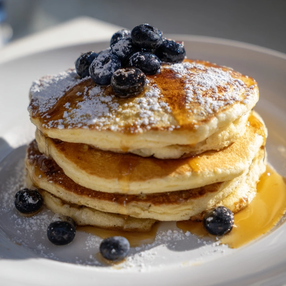 A stack of light and fluffy ricotta pancakes, a creamy breakfast treat, ready to be enjoyed with family.