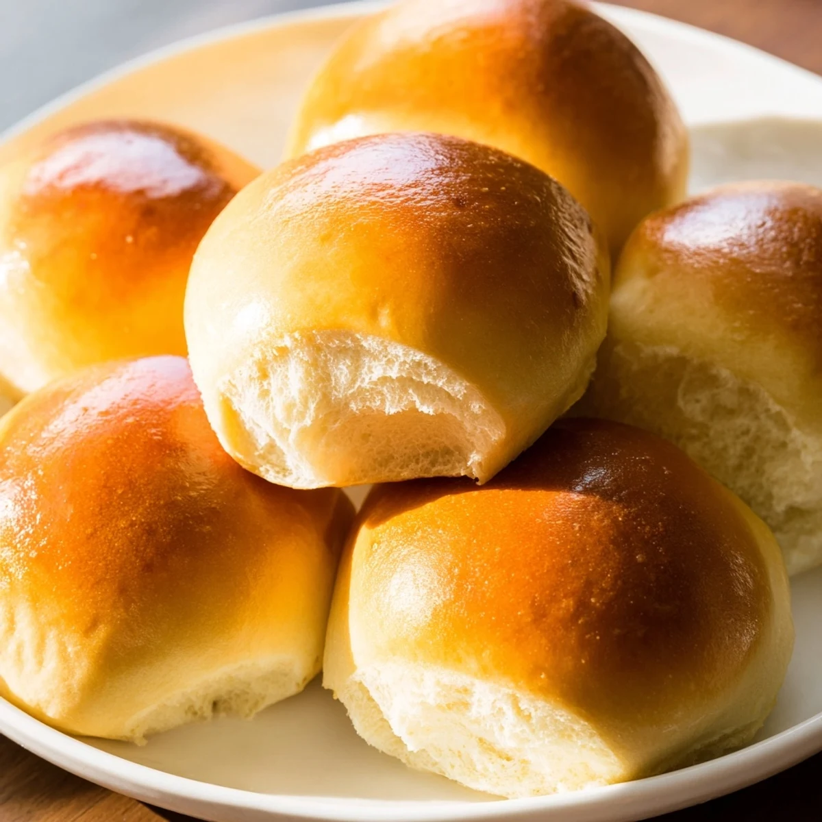 Golden Homemade Dinner Rolls, freshly baked and brushed with butter, ready to share with friends.