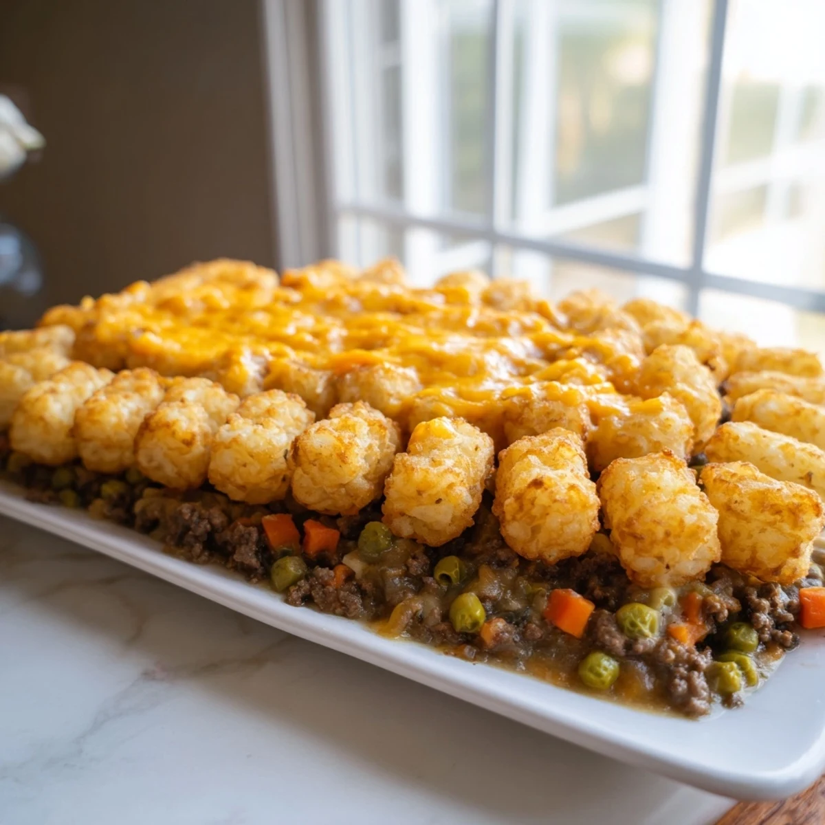 Golden, crispy tater tots crown a bubbling Family Favorite Tater Tot Casserole with melted cheese and savory beef.
