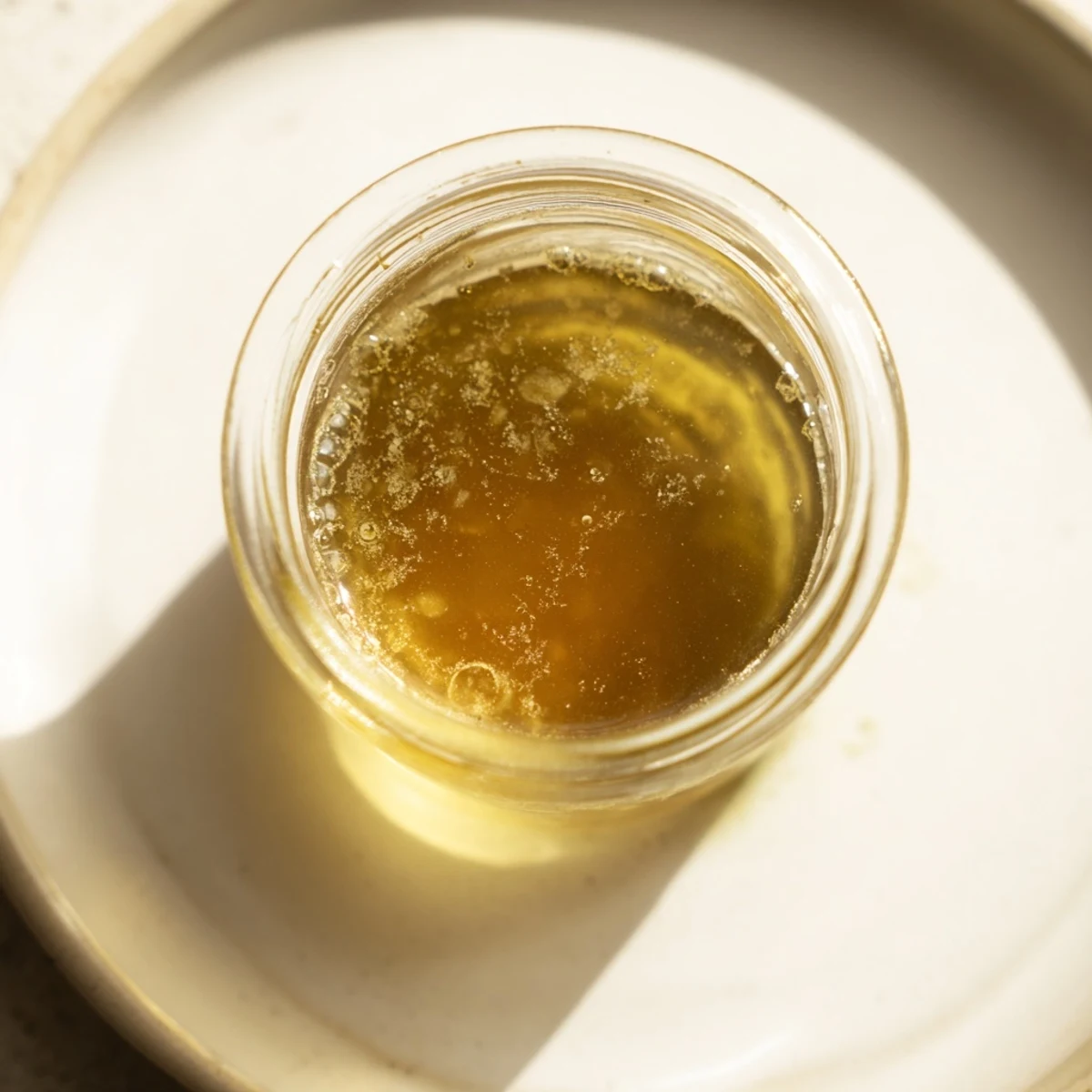 Smooth, pale yellow Simple Honey Vinaigrette being whisked in a bowl with hints of Dijon mustard.
