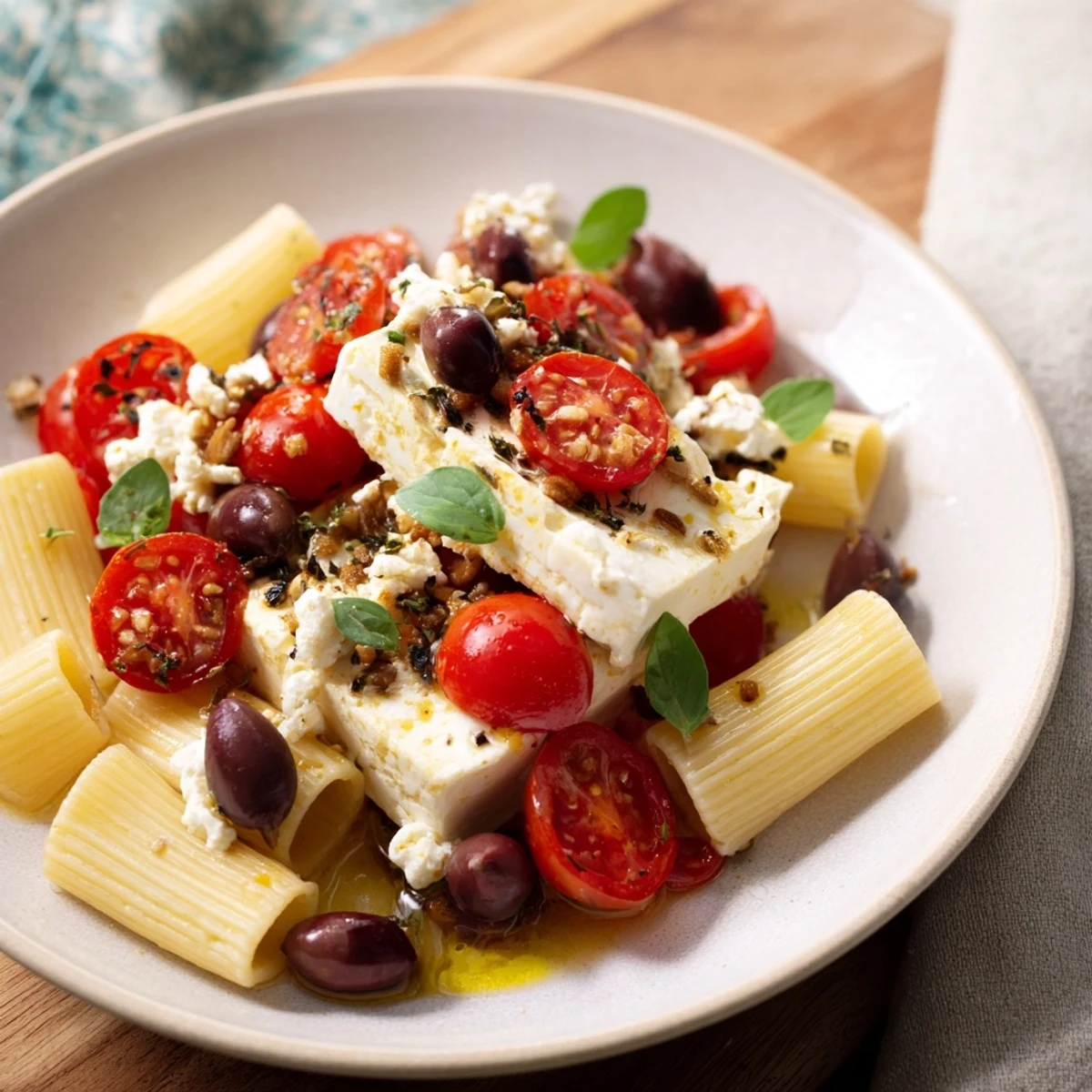 Golden Baked Feta Pasta, bursting with juicy tomatoes and Kalamata olives, ready to serve.