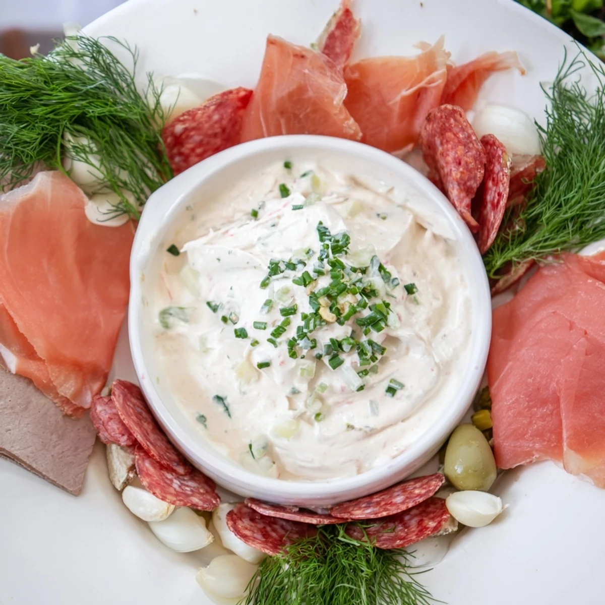 The Compass Rose appetizer features diverse meats arranged around creamy, flavorful dip.