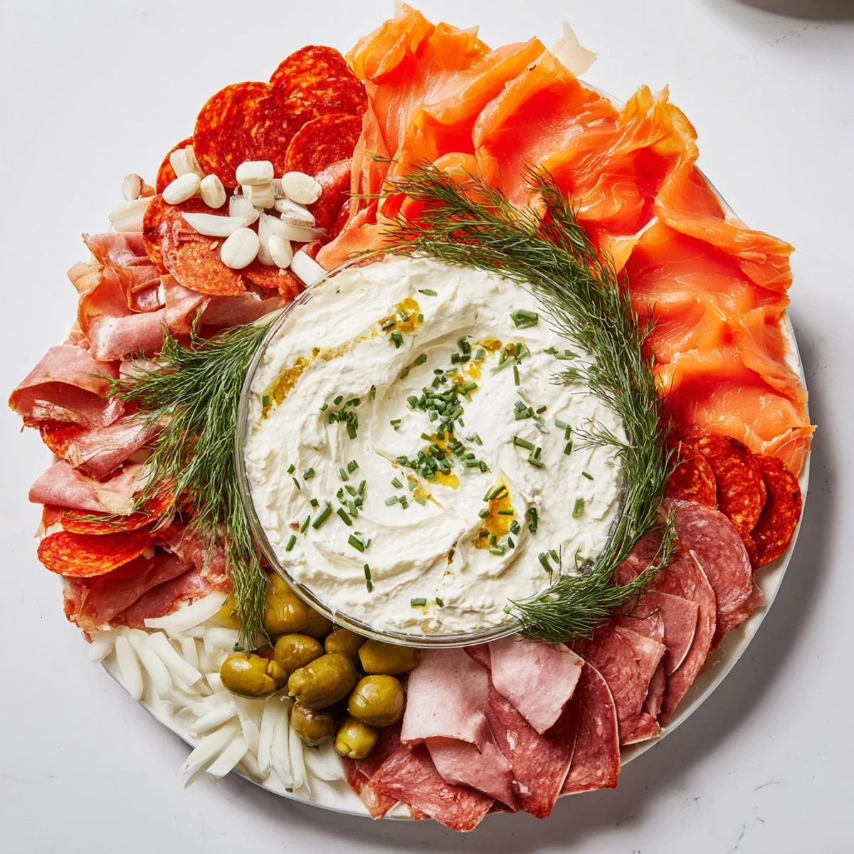Delectable Compass Rose appetizer: A flavorful display of cold cuts with a creamy dip centerpiece.