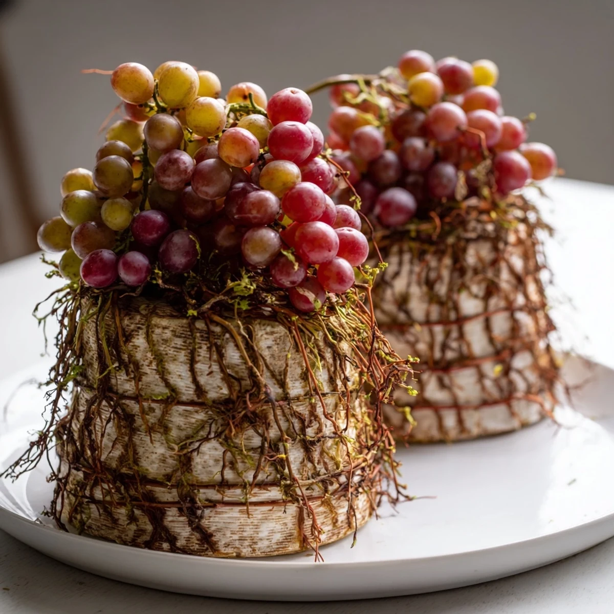 Rustic Vineyard cheese board with grapevine and fresh grapes, ready to serve and share.
