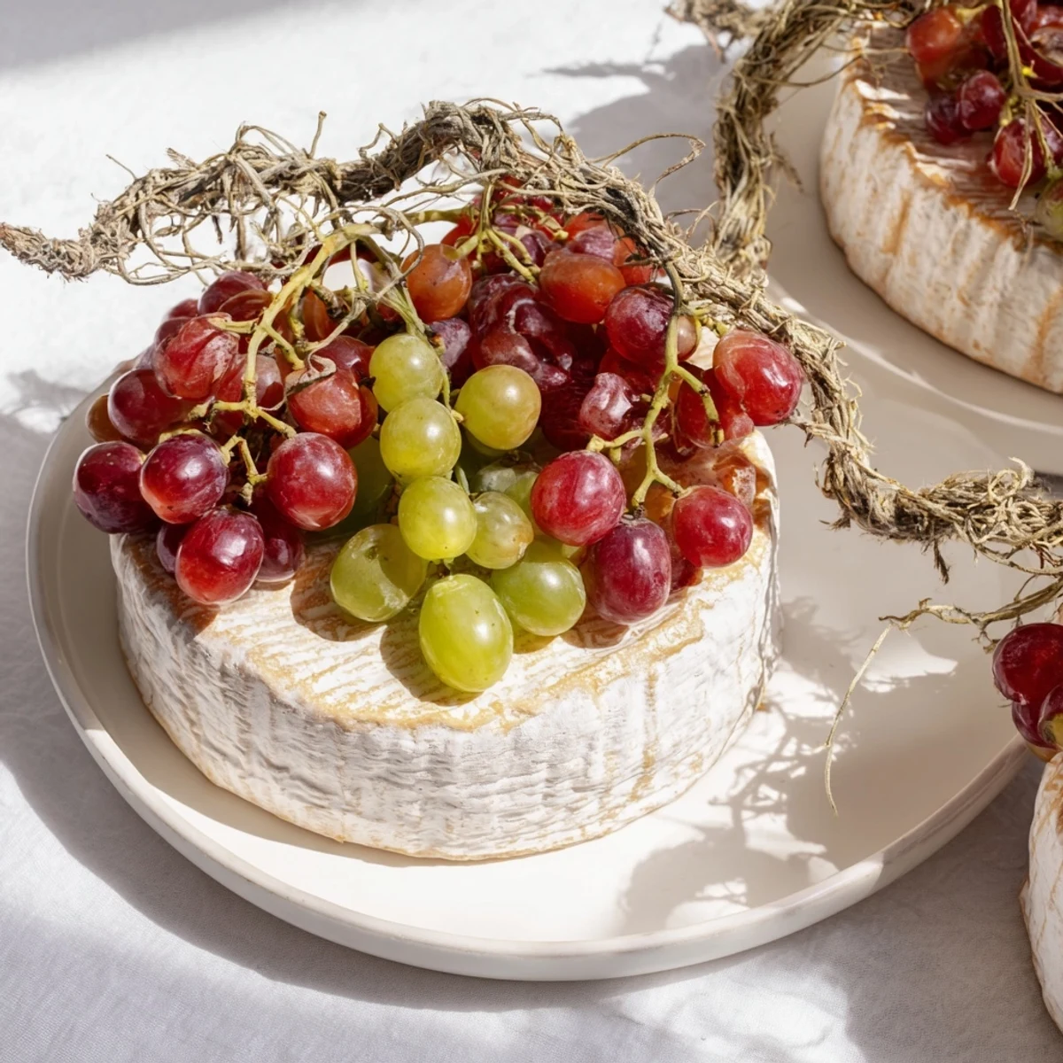 Impressively styled Rustic Vineyard cheese platter arranged with fresh grapes, perfect for any gathering.