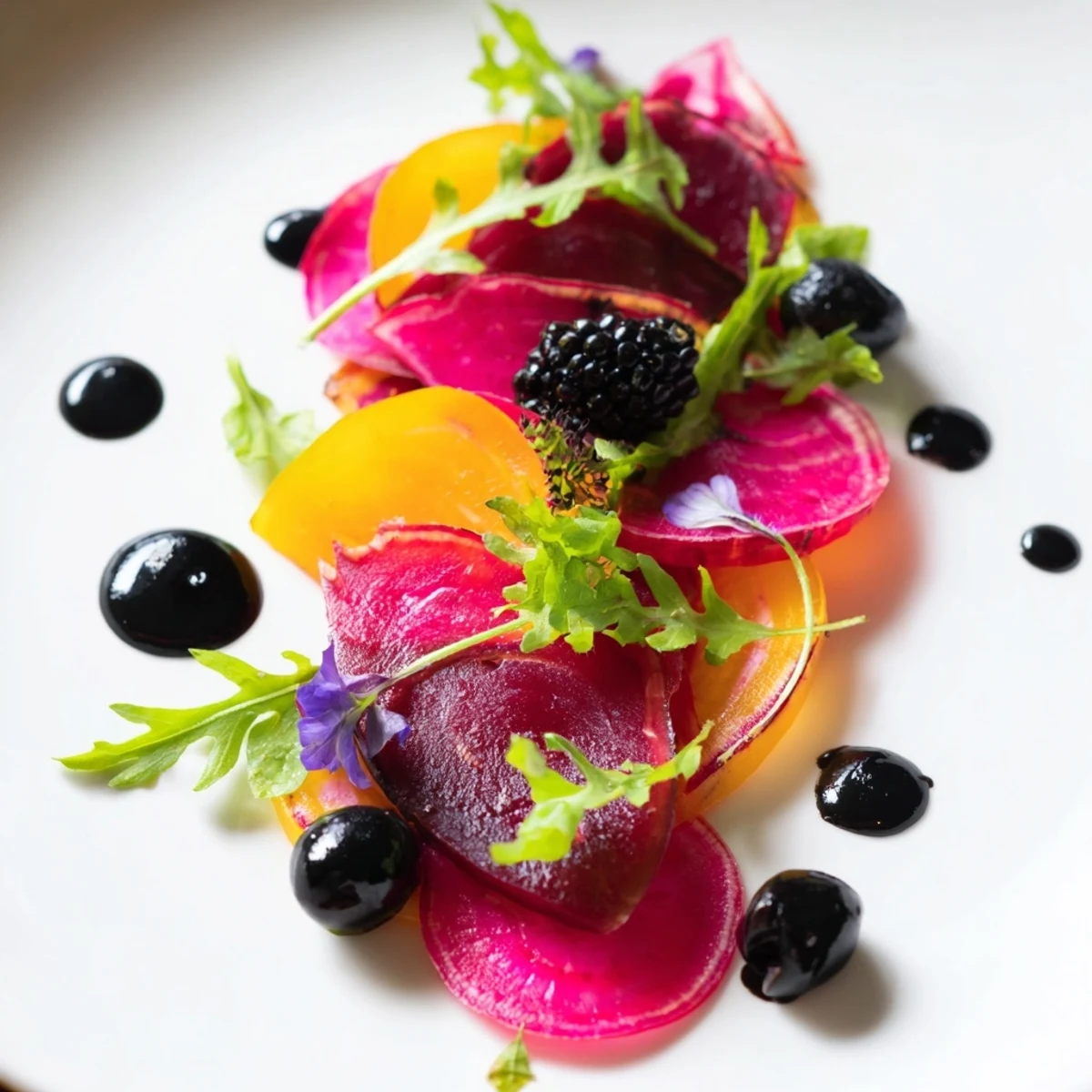 The Shadow Play appetizer features vibrantly layered beets, radishes, and peppery arugula, ready to serve.