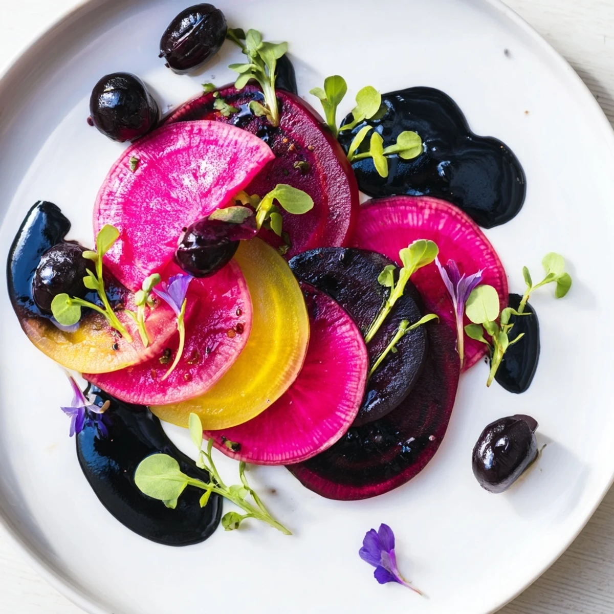 Artful food photography: a The Shadow Play appetizer with dark blackberries creating stunning shadows on the platter.