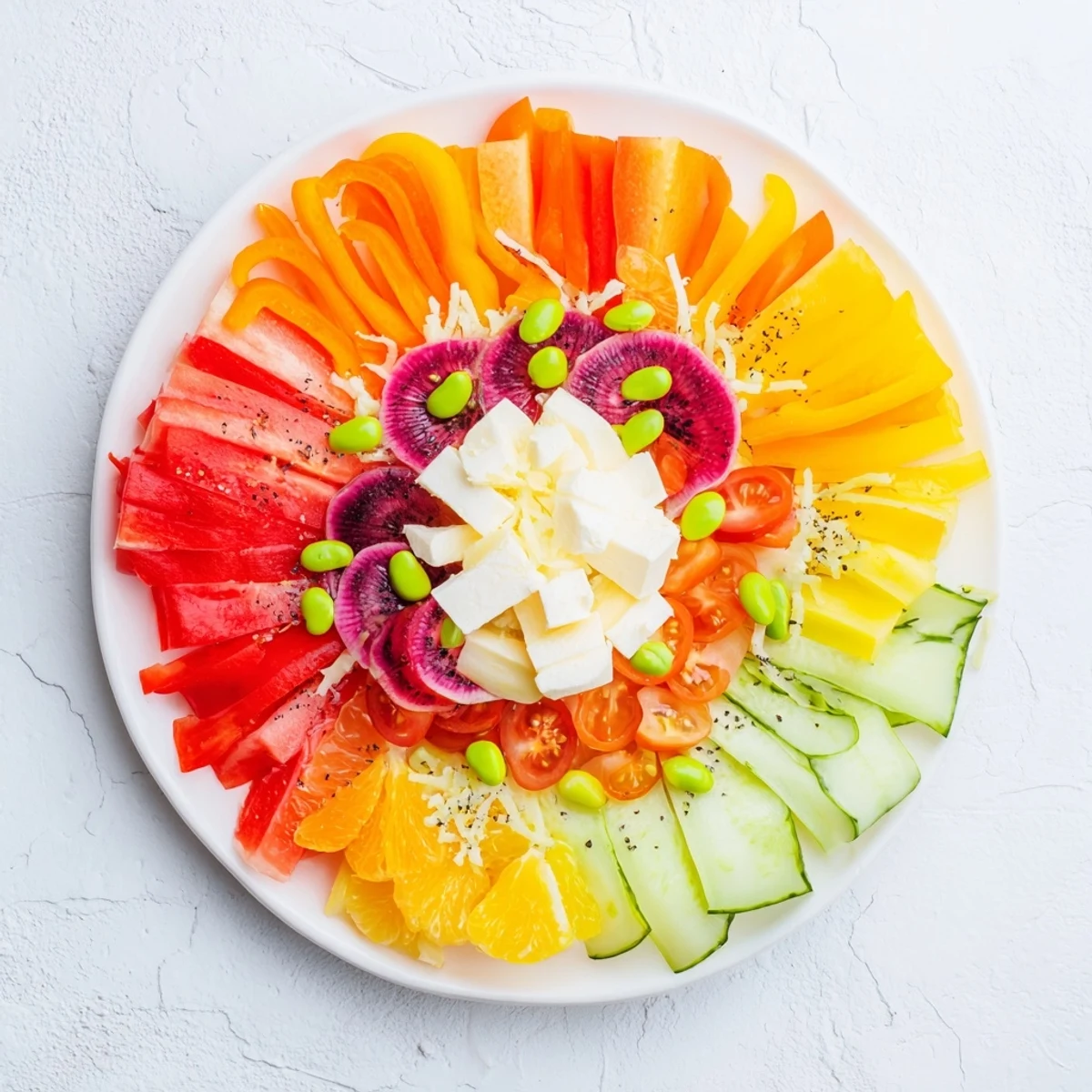 The Prism Burst salad, a vibrant rainbow of fresh ingredients arranged in a stunning fan, ready to eat.