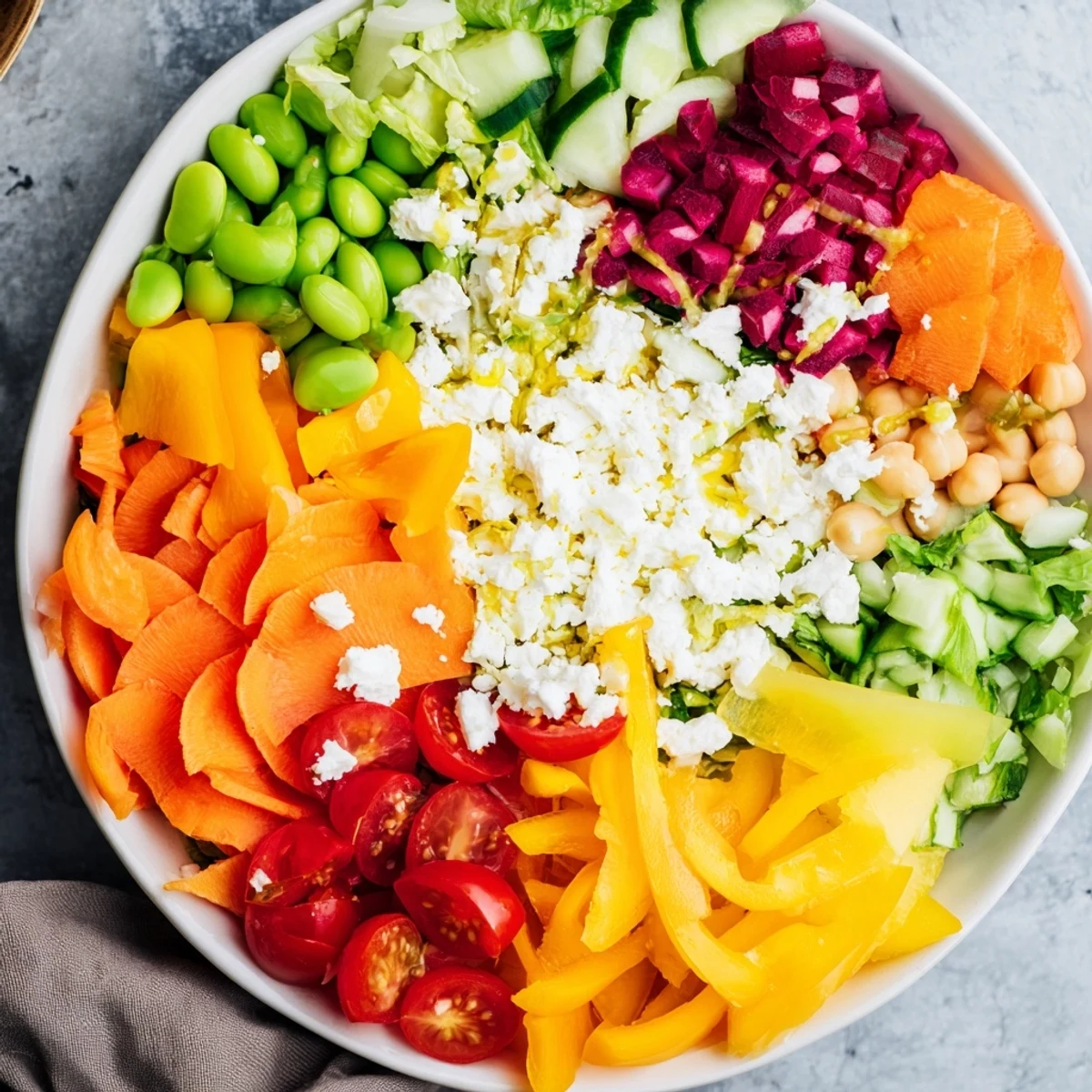 Visualize a beautiful The Prism Burst salad with colorful layers of fresh vegetables and fruits, light and delicious.