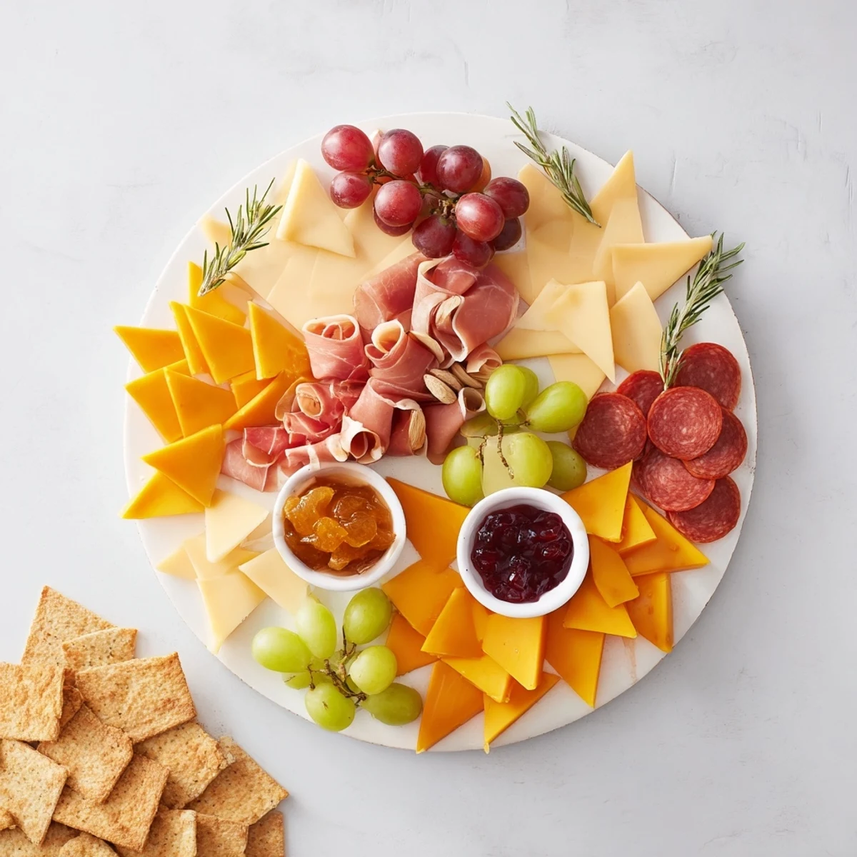 Geometric Gala charcuterie board, a visually stunning appetizer arranged with triangle-cut cheeses and meats.