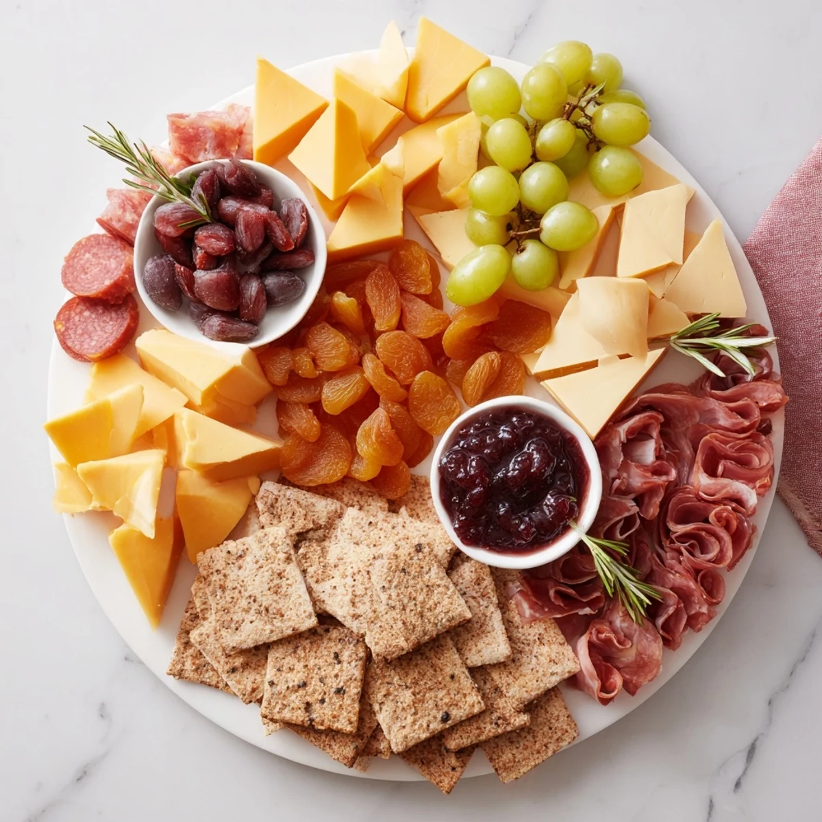 Exquisitely arranged Geometric Gala, featuring angular cheese, meats, and vibrant fresh fruit and nuts for guests.