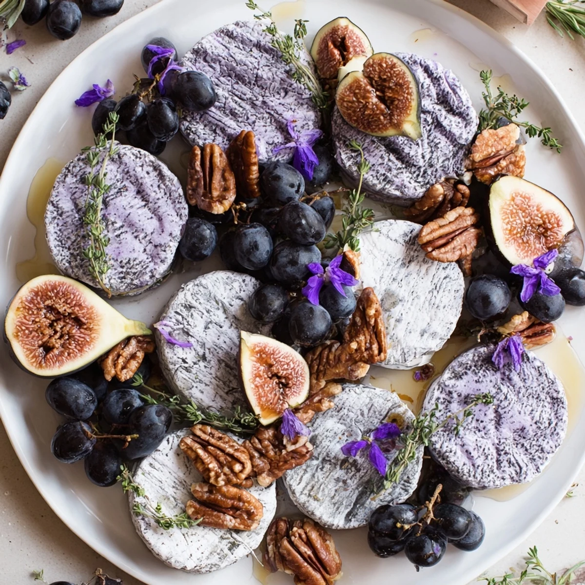 The Lavender Haze cheese platter with creamy brie, goat cheese, grapes, and figs offers vibrant textures.