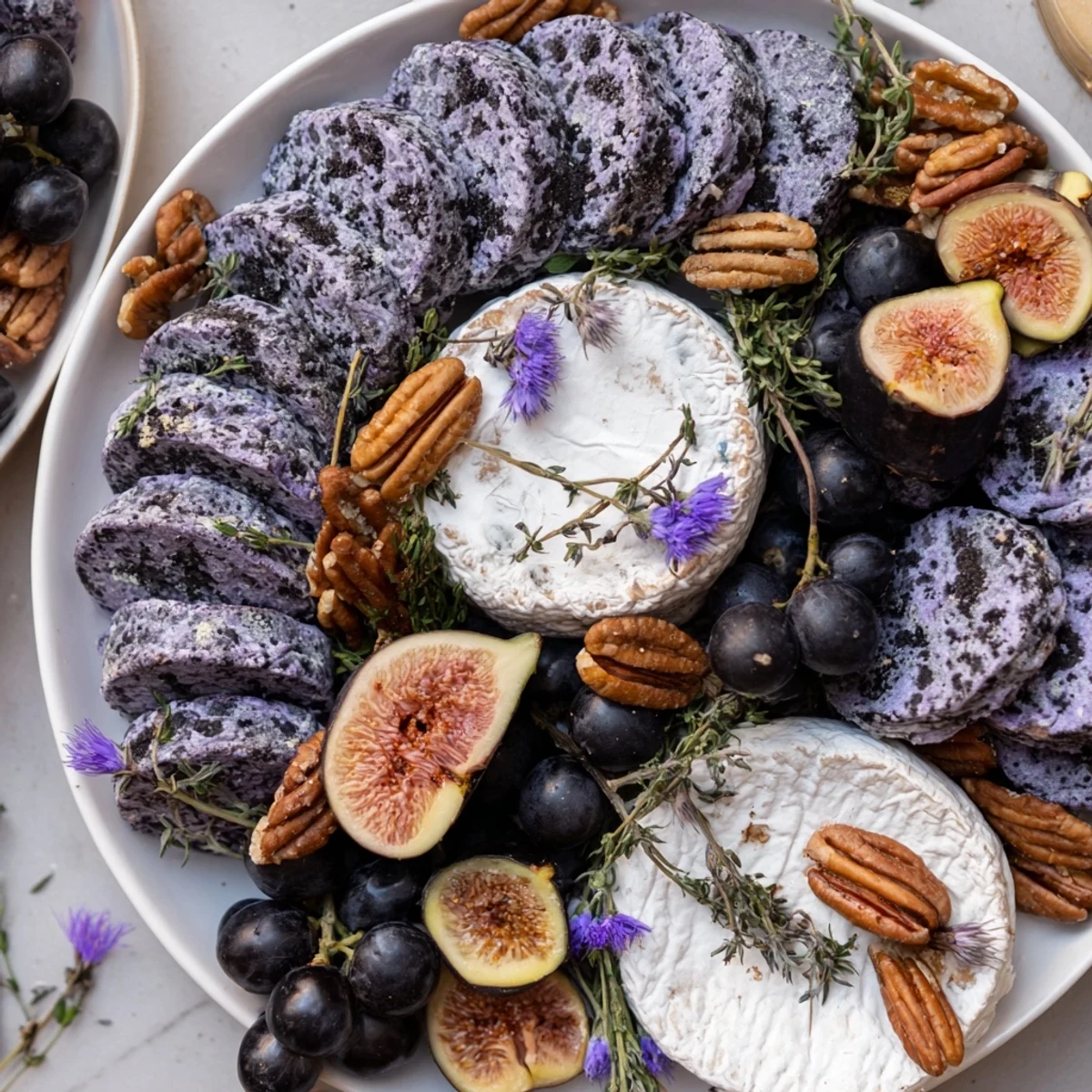 This photo features the elegant Lavender Haze cheese board, perfect for serving with friends and wine.