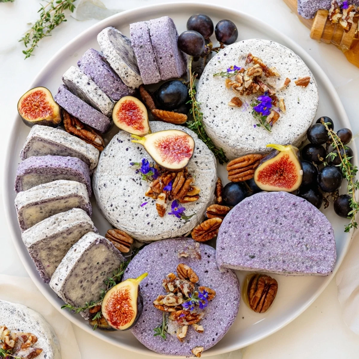 A beautifully arranged Lavender Haze cheese board with drizzled honey and edible flowers looks delicious!