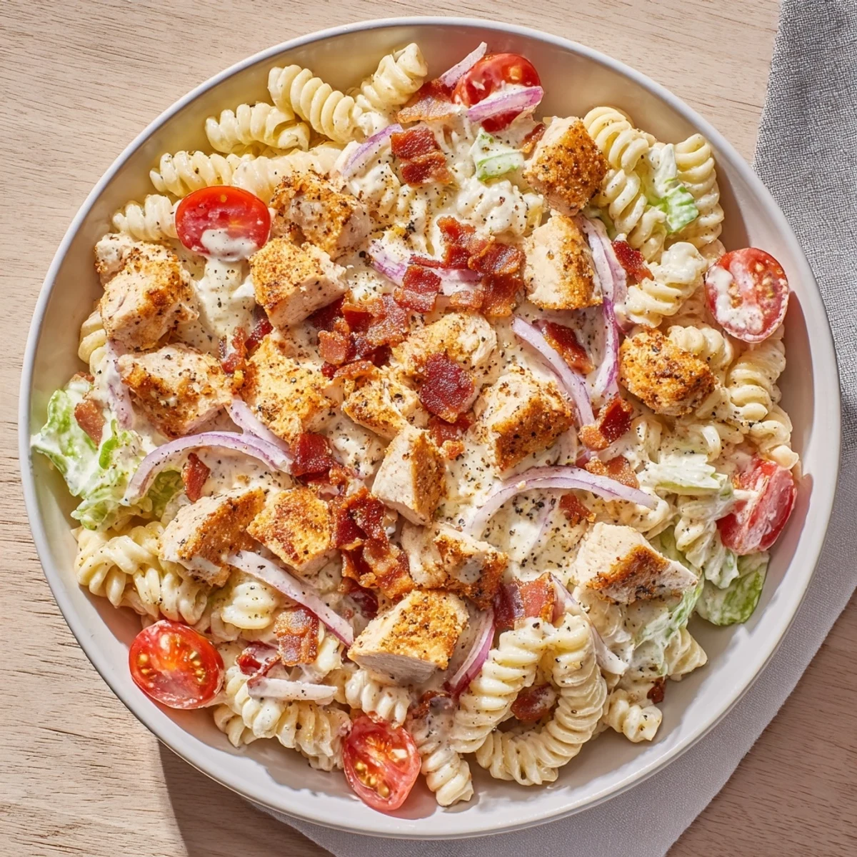 Creamy Chicken Caesar Pasta Salad with grilled chicken, perfectly cooked pasta, and Parmesan.