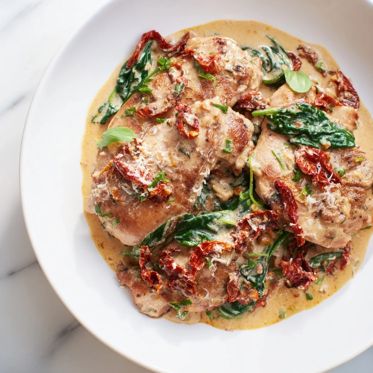 Creamy Sun-Dried Tomato Chicken Skillet, a rich dish, showing chicken in a thick, tomato sauce.