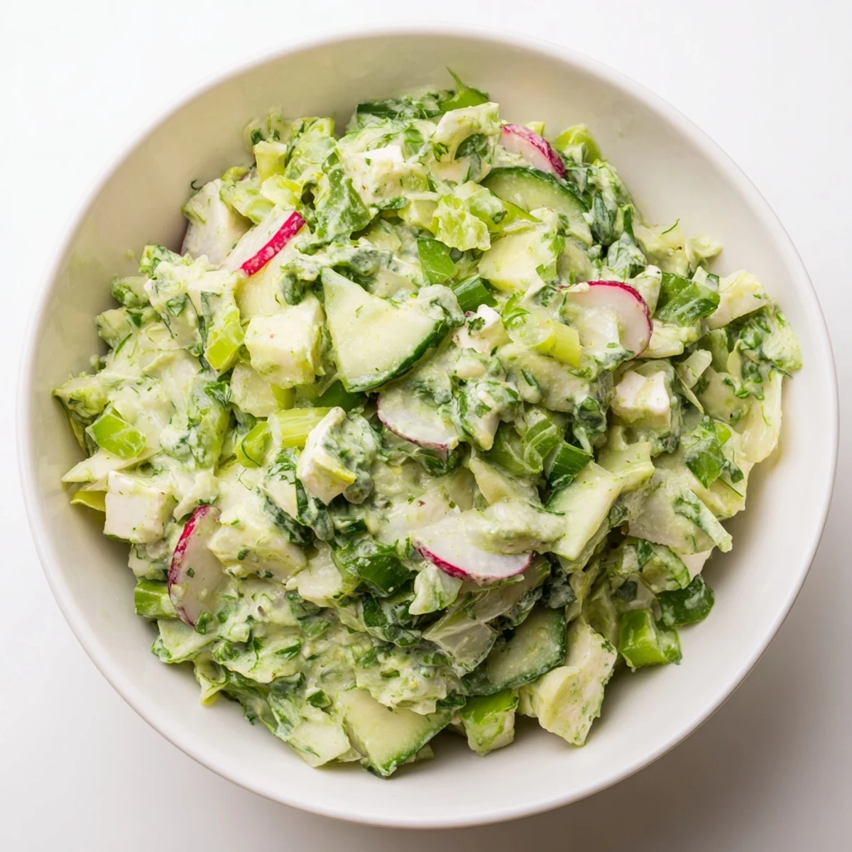 Freshly tossed Green Goddess Cabbage Dip, a vibrant appetizer ready to scoop up with crunchy tortilla chips.