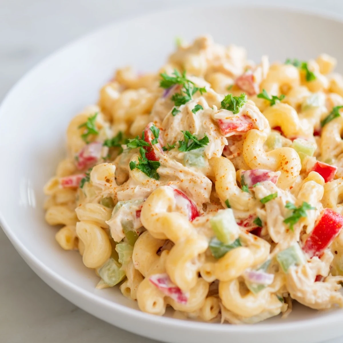 Close-up of creamy, flavorful Chicken Macaroni Holiday Salad, perfect for summer potlucks, easy to prepare.