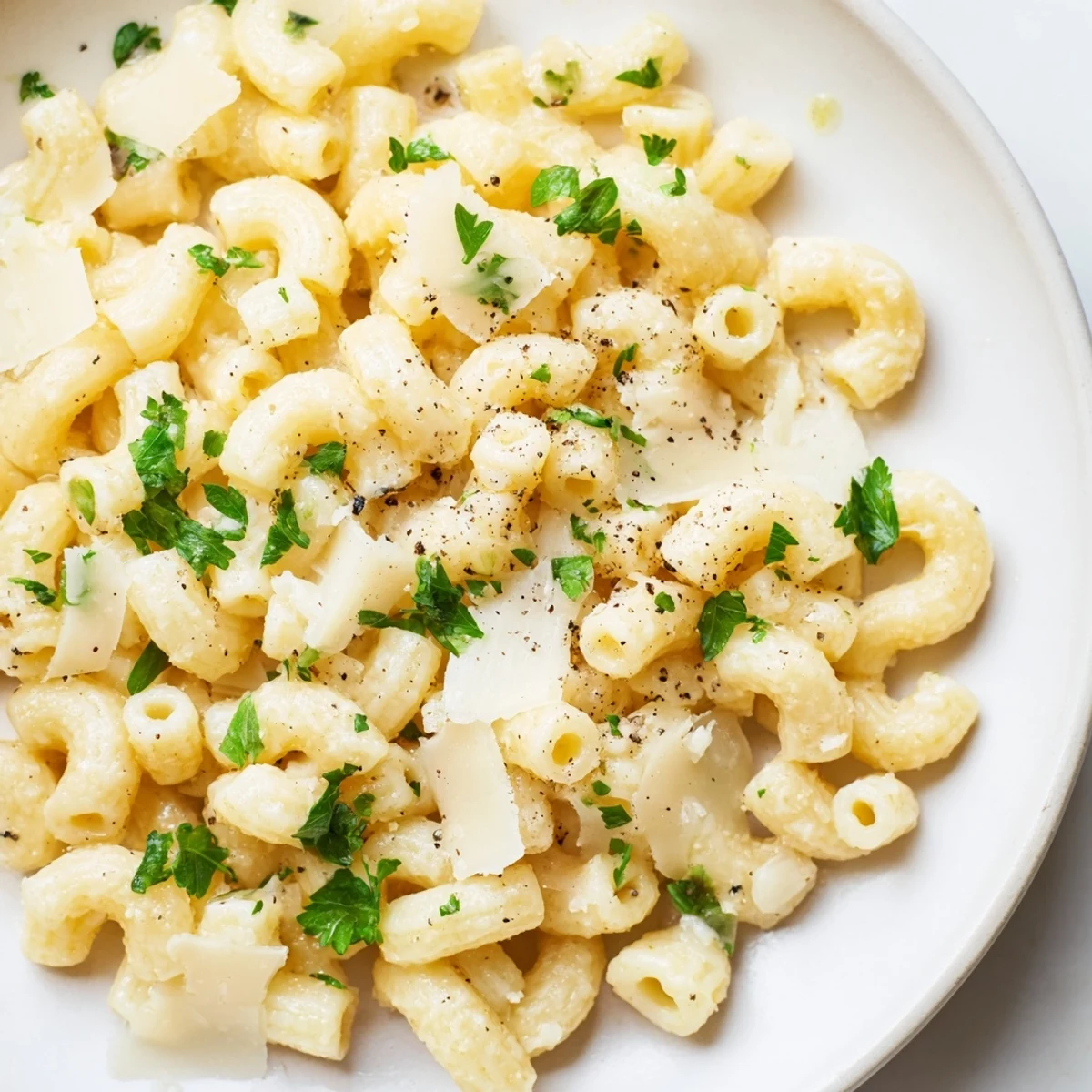 Creamy, one-pot Garlic Butter Ditalini pasta, ready to serve with fresh parsley and Parmesan.