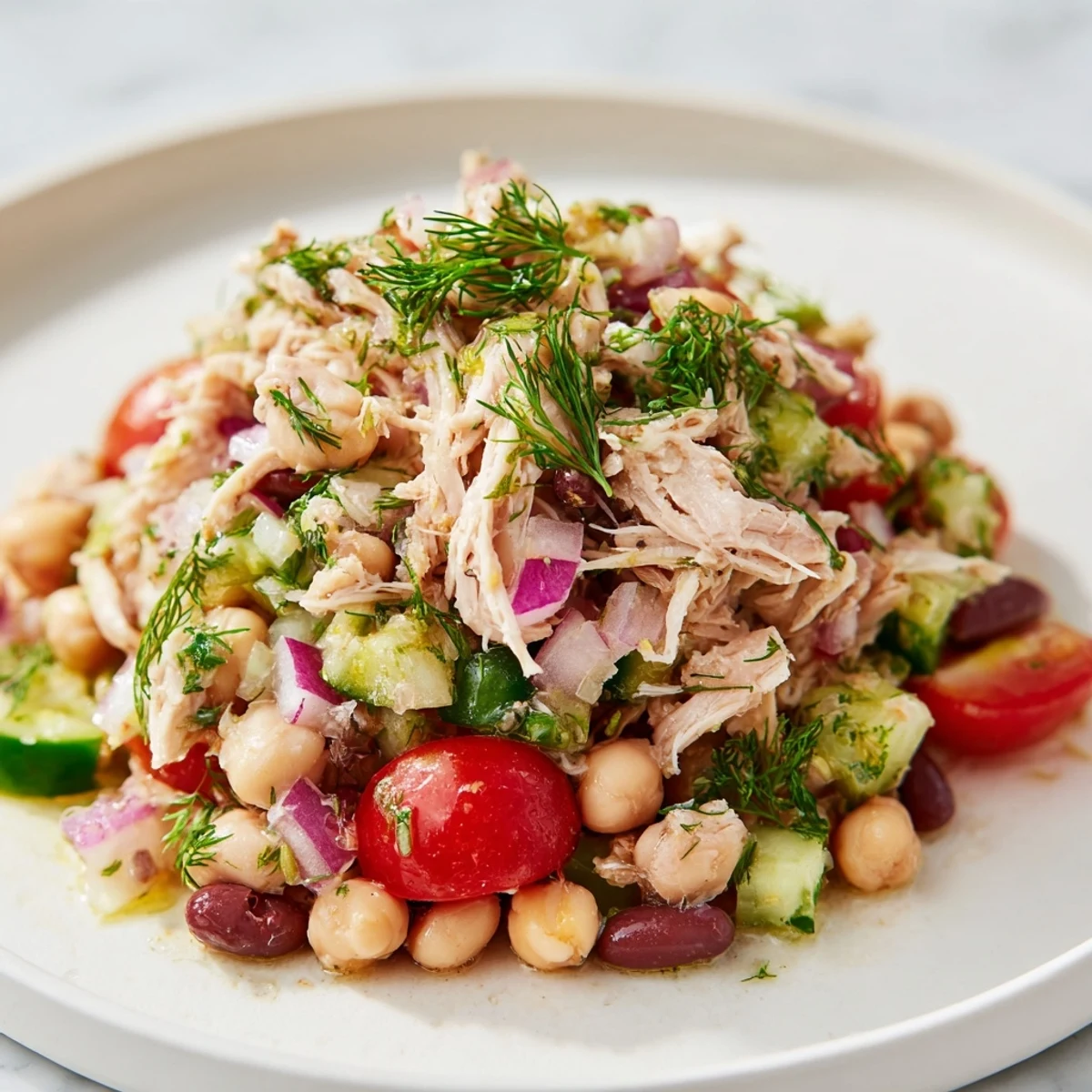 Bright, colorful image of a refreshing dense bean salad with lemon-dill chicken displayed on a plate.