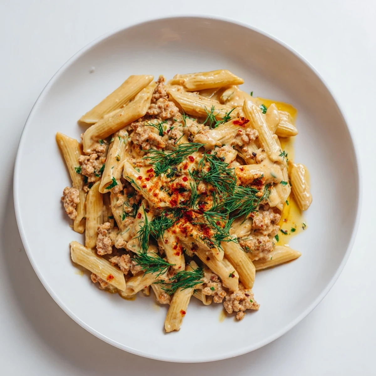 Steaming Turkish Pasta with Ground Turkey, generously drizzled with paprika butter, ready to eat.