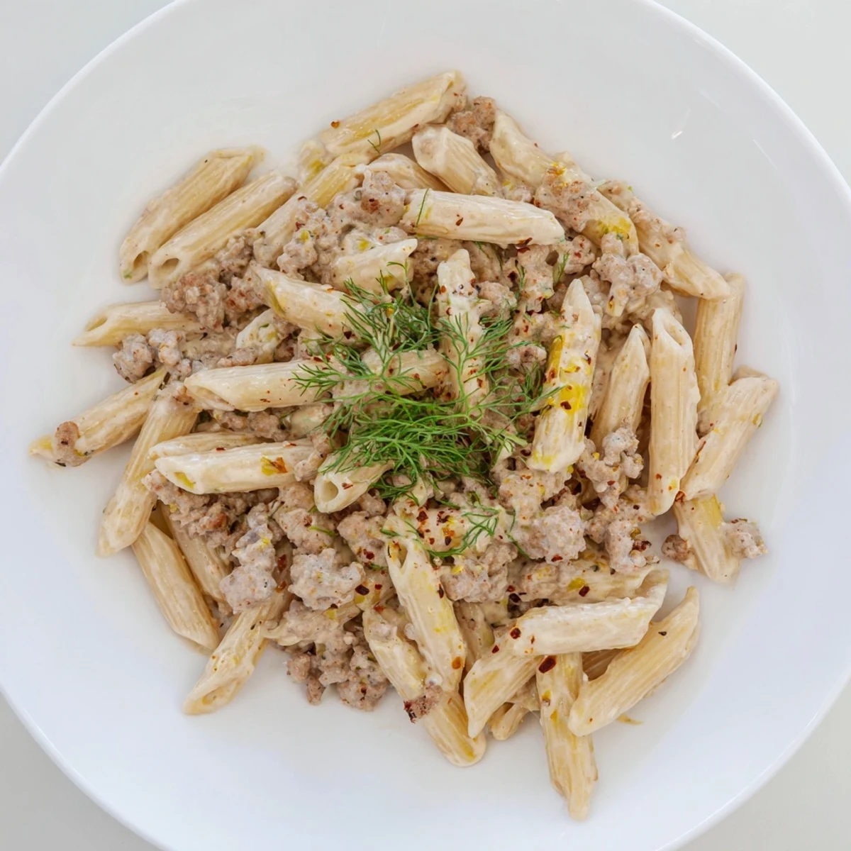 A hearty serving of Turkish Pasta with Ground Turkey, topped with fresh herbs, and creamy yogurt.