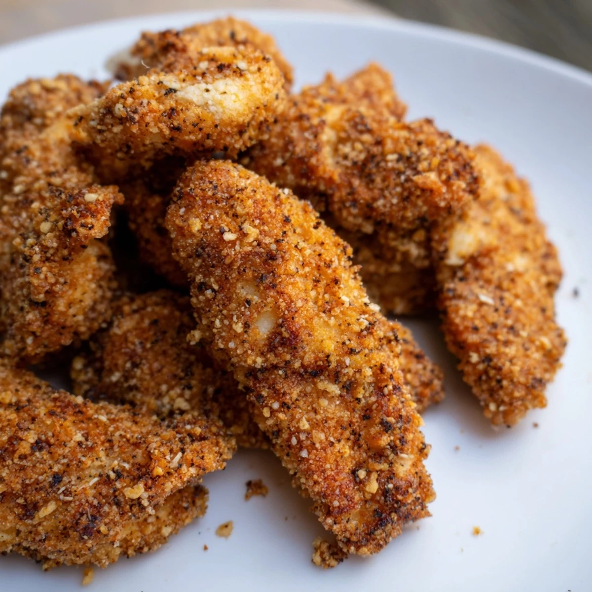 Golden-brown crispy onion chip chicken tenders, a delicious crunchy coating on tender chicken.