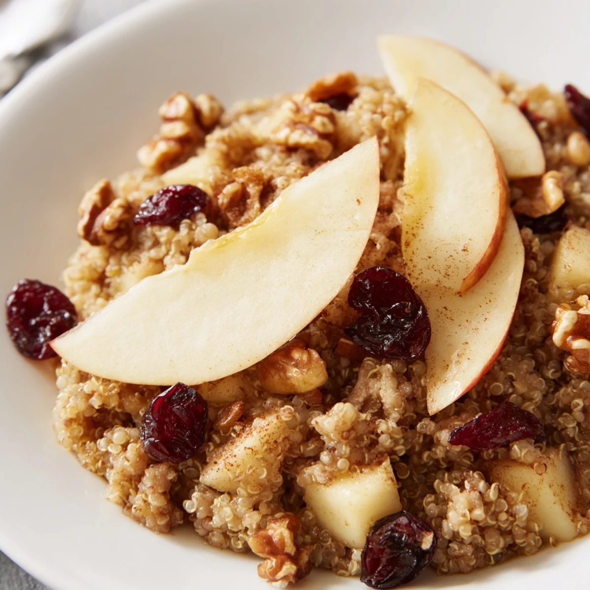 Steaming Apple Cinnamon Quinoa Bowl, a healthy breakfast overflowing with sweet apples and pecans.