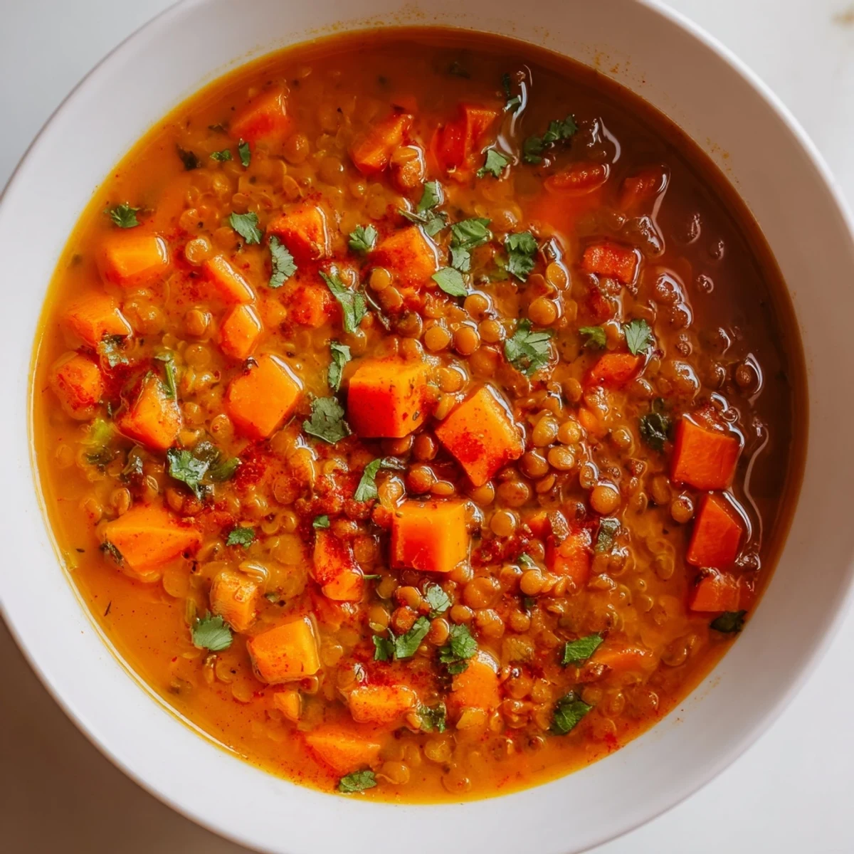 Steaming bowl of Spiced Carrot Lentil Soup, garnished with cilantro, a comforting and flavorful meal.