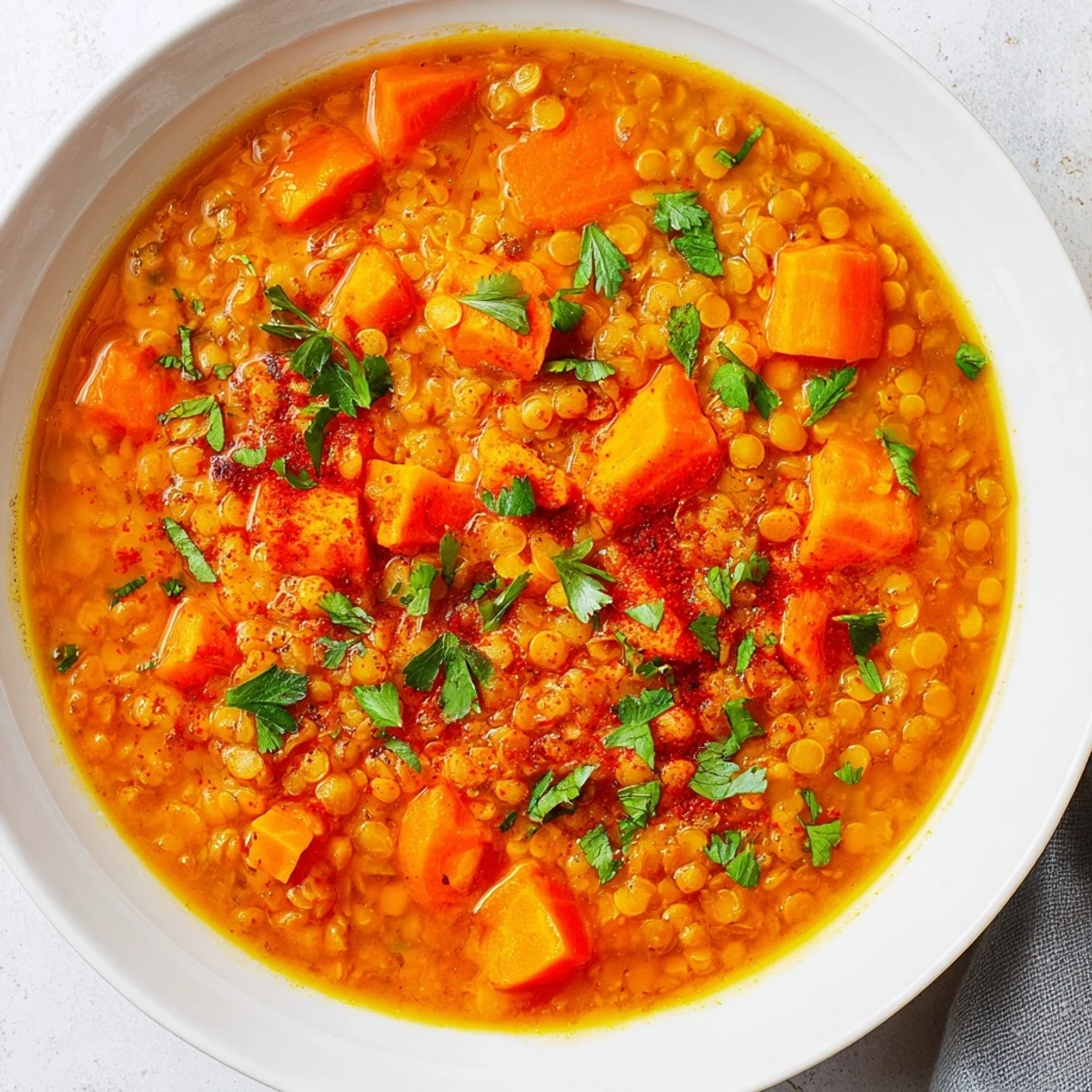Close-up of vibrant Spiced Carrot Lentil Soup, showcasing tender carrots and a rich, spiced broth for dinner.