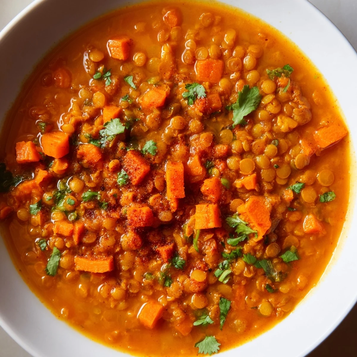 Enjoy a hearty spoonful of this delicious Spiced Carrot Lentil Soup, perfect for a cozy, vegan lunch.