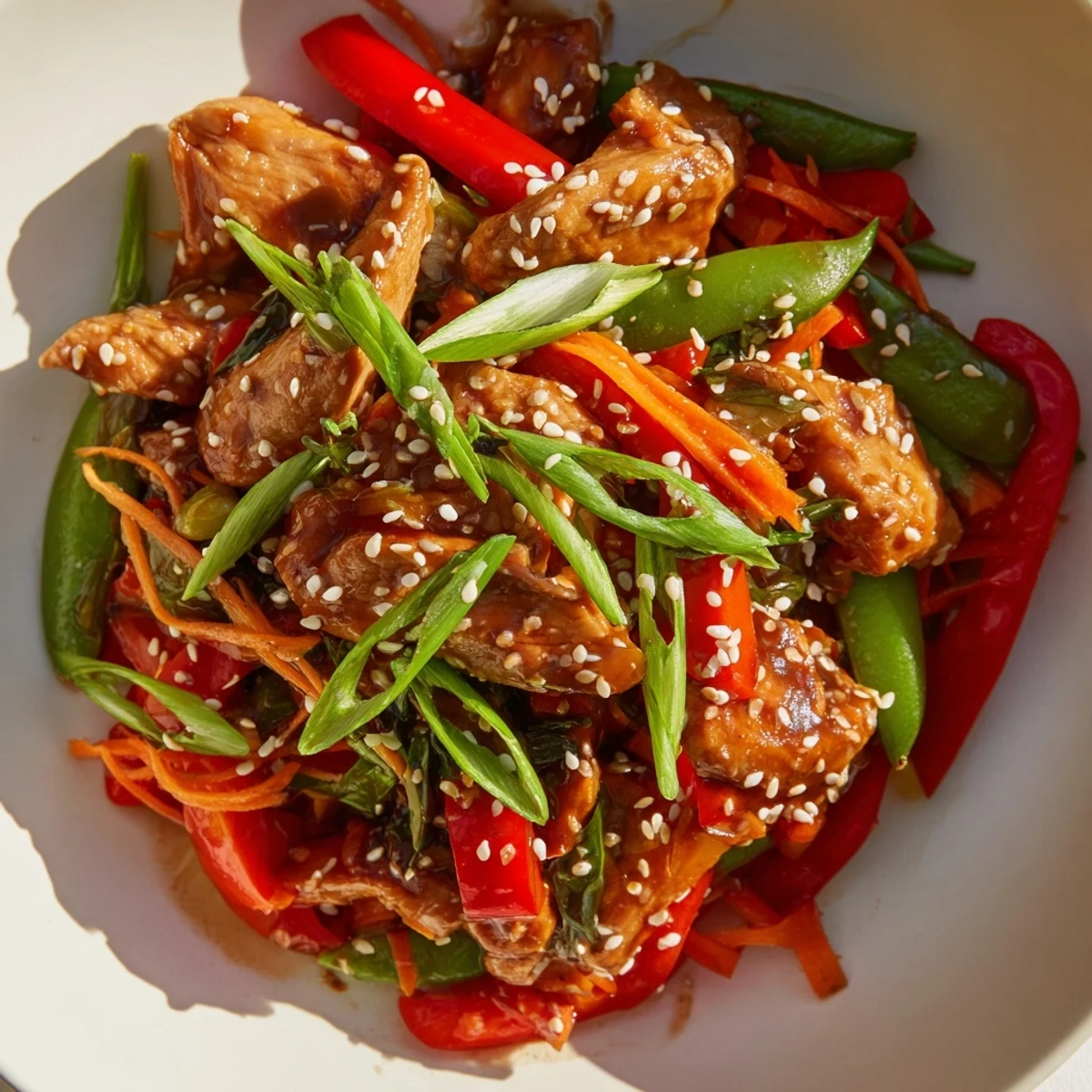 Sweet Teriyaki Pork Stir-Fry: a steaming bowl featuring tender pork and colorful vegetables in a sweet sauce.