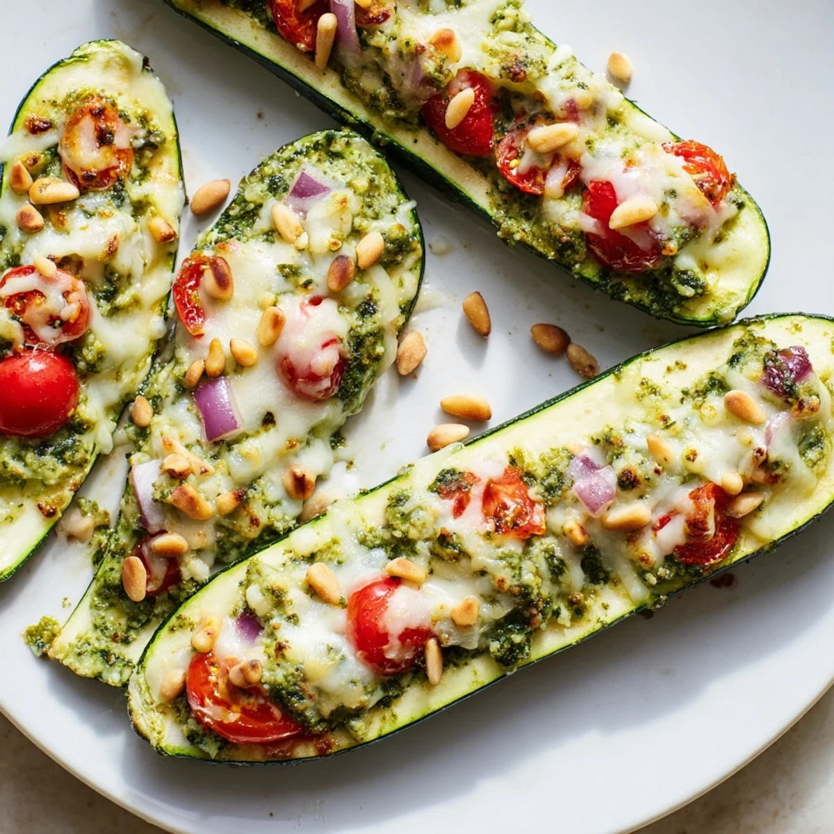 A close-up view of Cheesy Pesto Zucchini Boats with vibrant pesto filling baked to perfection, ready to eat.