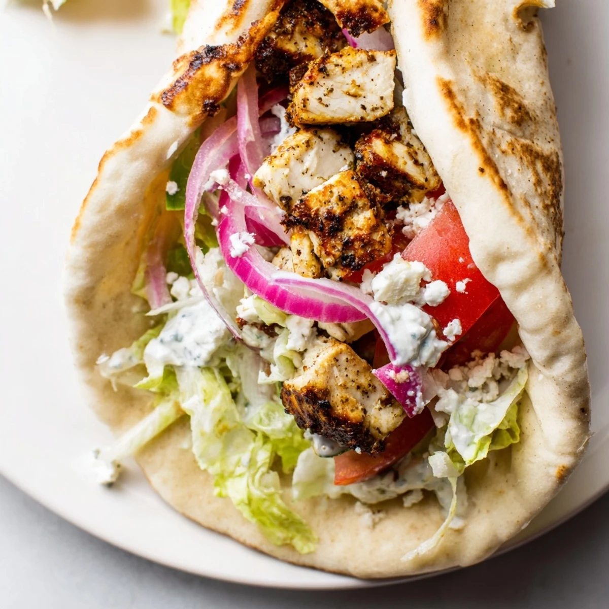 Enjoy a close-up of tender, marinated chicken wrapped up in Greek Chicken Souvlaki Wraps with all the fixings.