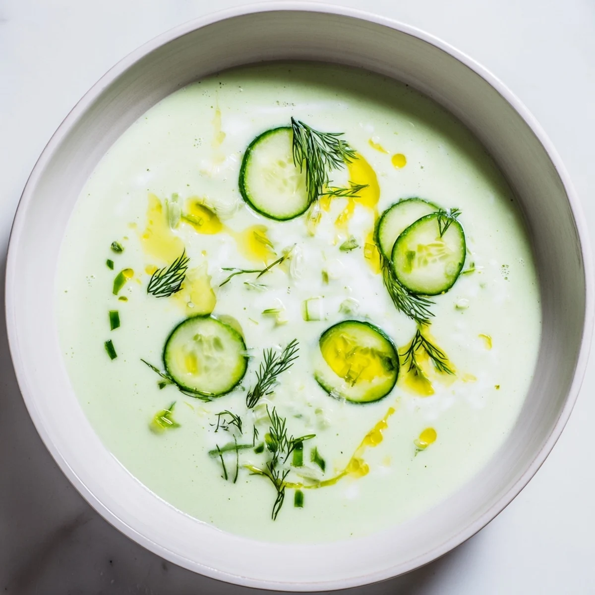 Creamy, chilled Cucumber Garlic Soup served in a bowl, garnished with cucumber slices and fresh dill.