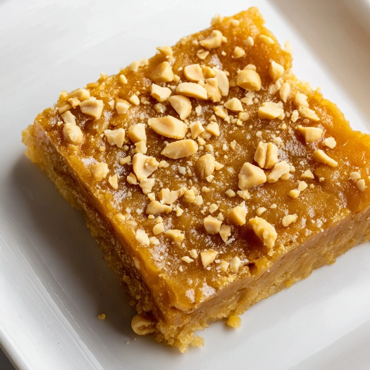 Golden-brown Peanut Butter Mochi Cake, a chewy dessert with swirls of creamy peanut butter.
